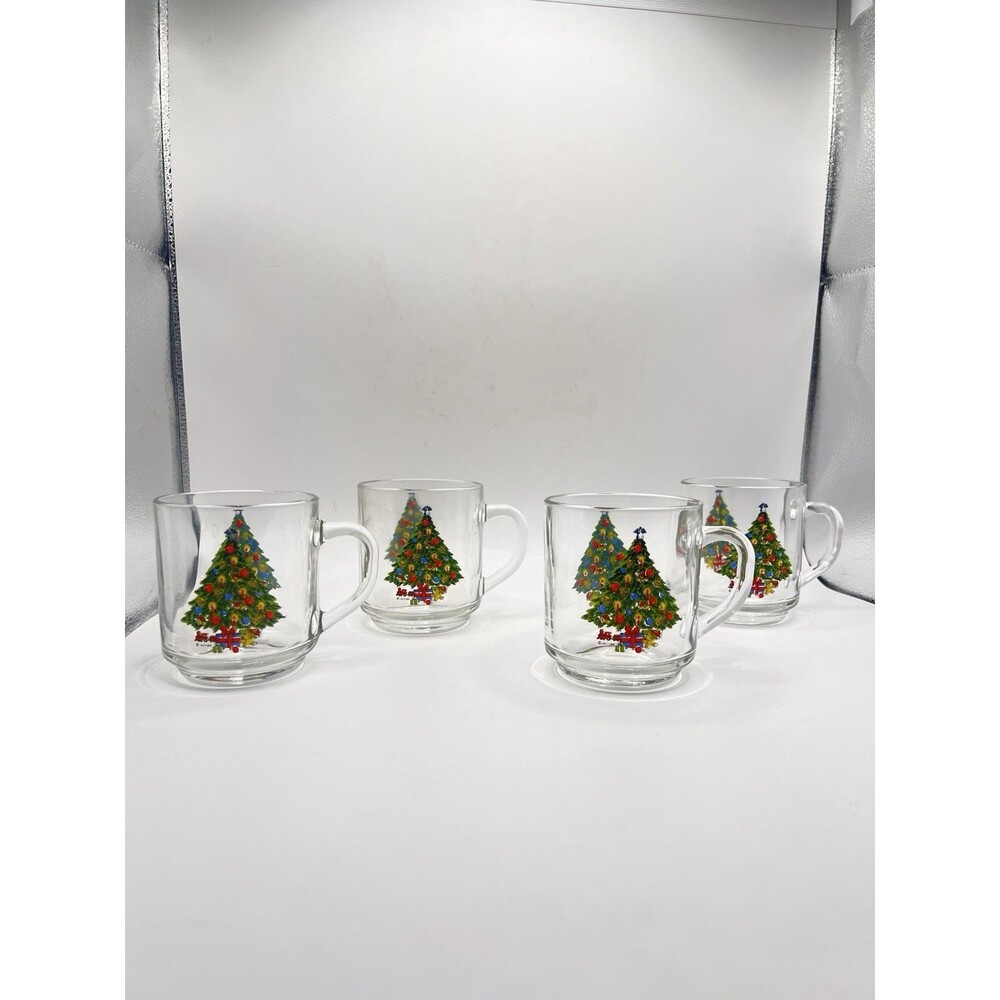 1989. 4 Mugs Carlton Glass Christmas Treasure Decorated Tree Design 3.5" H 10 oz
